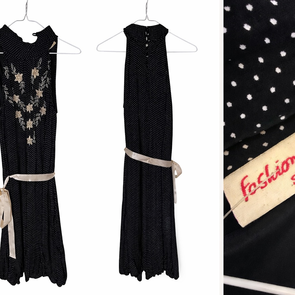 Fashion Spy Vintage Black Polka Dot Embroidered Midi Dress Balloon Hem Sz S